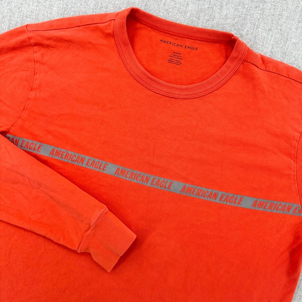 American Eagle Long Sleeve Graphic Stripe T-Shirt Mens Medium Orange Spellout